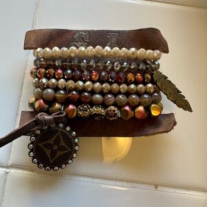 Upcycled stretch brownish tone Beaded Bracelet Set with Feather Charm